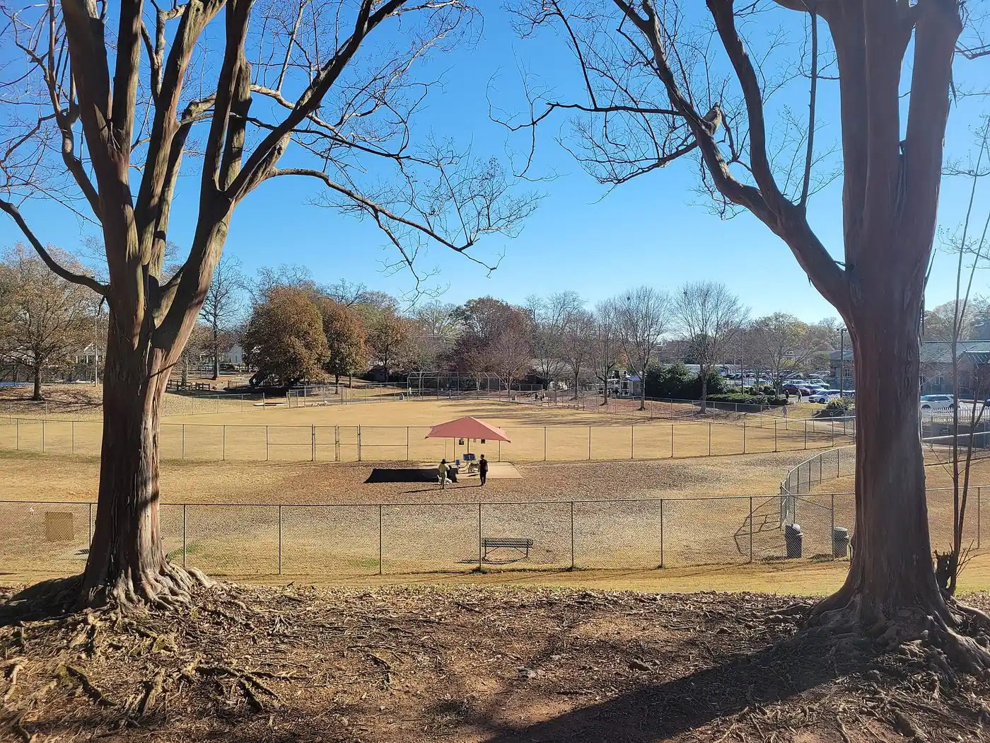 The fenced off-leash dog area and its shade structure at Lewis Park in Marietta