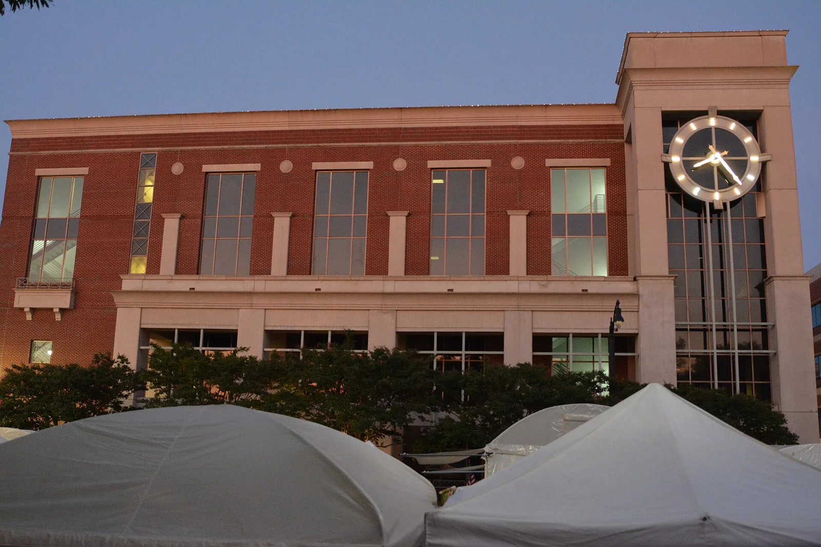 Festival tents on Marietta Square at dusk