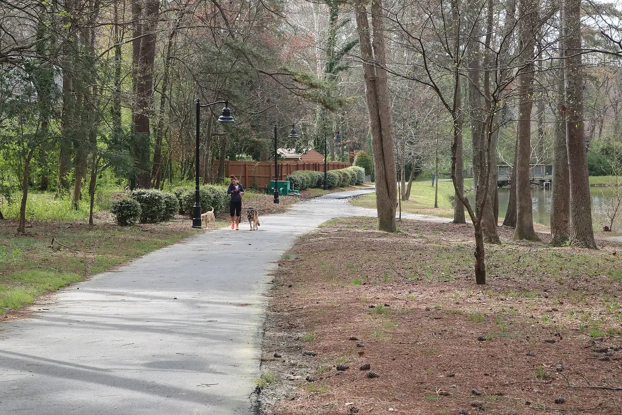A paved path under the trees at Laurel Park in Marietta