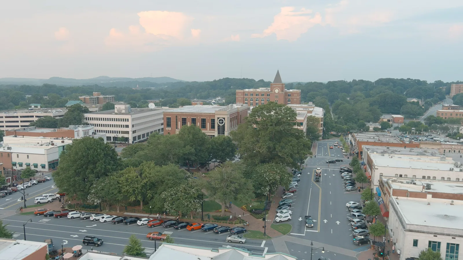 An aerial view of Marietta Square and downtown Marietta
