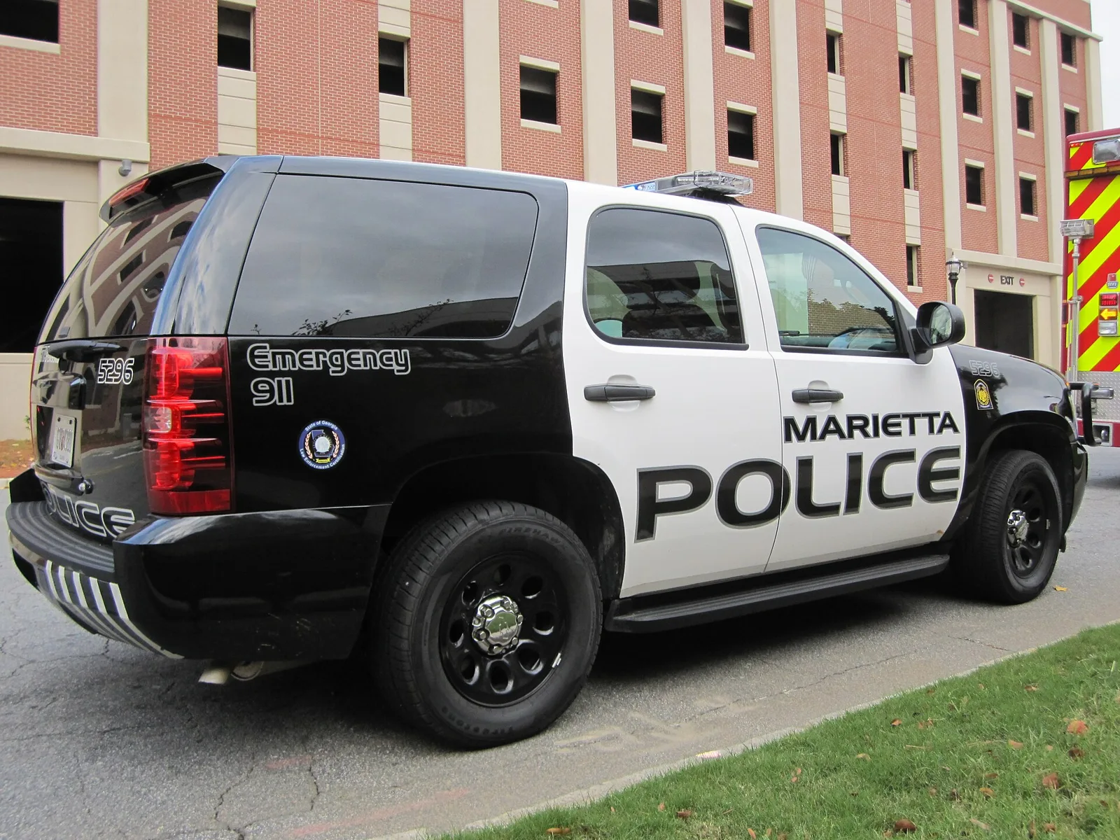 A Marietta Police Department patrol vehicle during a city emergency training exercise